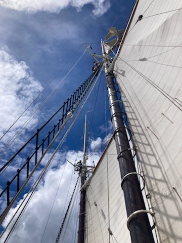 looking upwards at a boat mast and sails